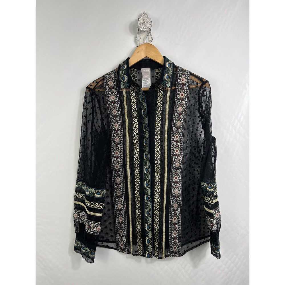 Chico's‎ Button Down Women 1 Black Sheer Mesh Embroidered Metallic Boho Blouse